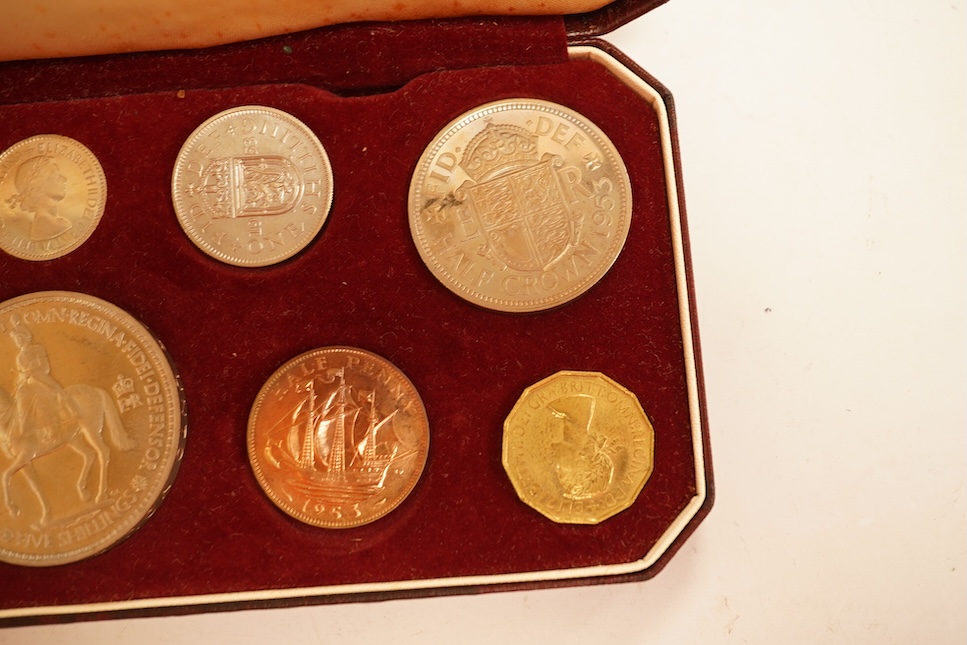 British coins, Elizabeth II, 1953 coronation proof coin set, UNC retaining much lustre, the fitted case with staining to the interior